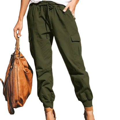 Women Cargo Pants Solid Color Elastic Waist Tie Long Womens Trousers