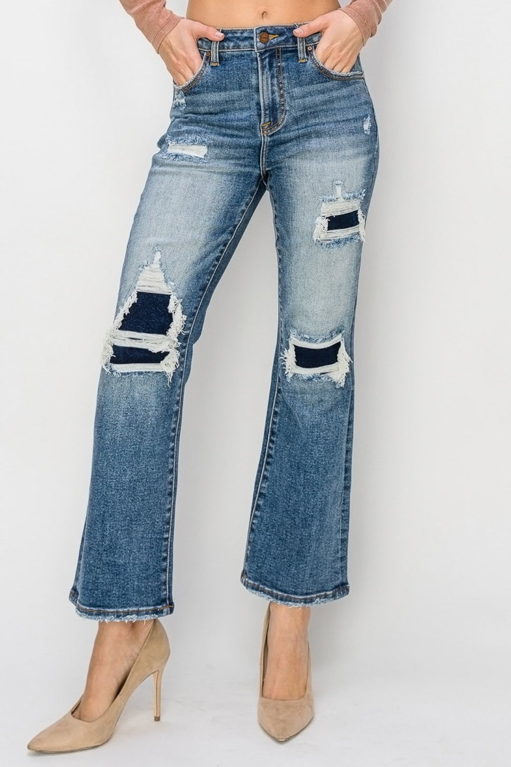 Risen Distressed Ankle Flare Blue Washed Denim Jeans - - jeans
