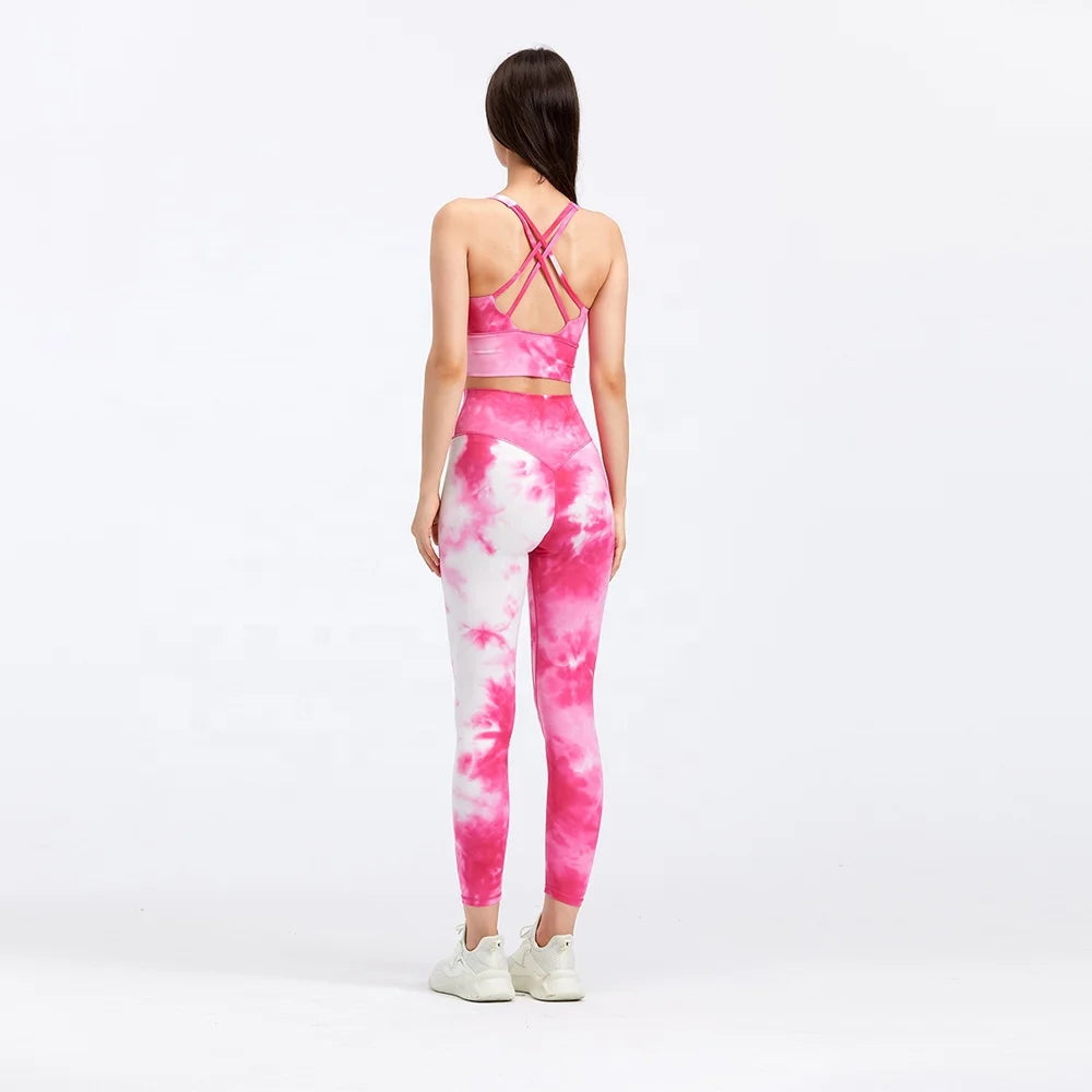 Criss-Cross Back Yoga Legging Set Tie Dye in Rose Red High Waisted Sports Wear