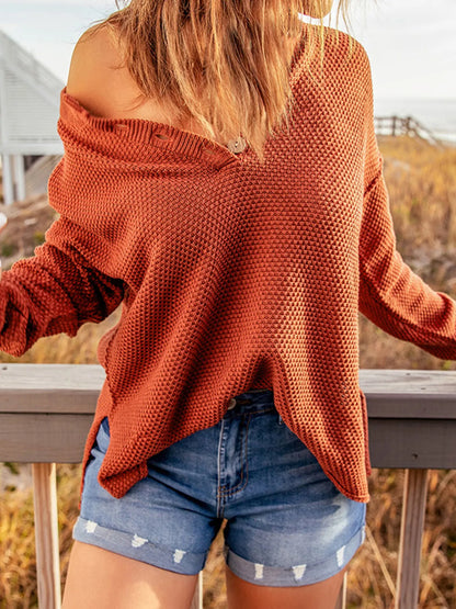 Button Detail Long Sleeve Knit Top - -