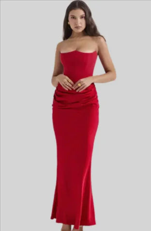 Off-Shoulder Silk Skinny Dress - Red S - dress
