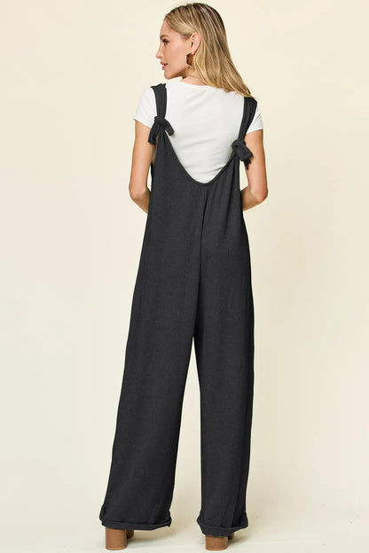 Double Take Full Size Texture Sleeveless Wide Leg Jumpsuit - -