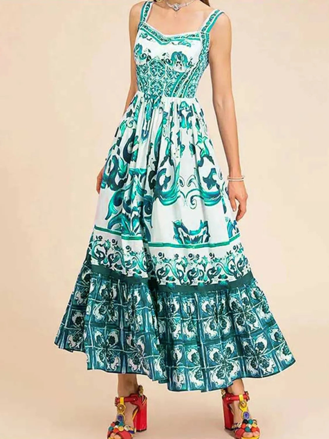 Smocked Printed Wide Strap Dress - Green -