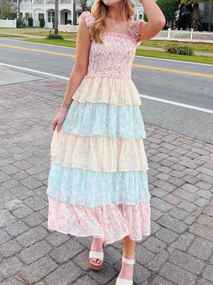 Smocked Ruffle Layered Floral Midi Dress - -