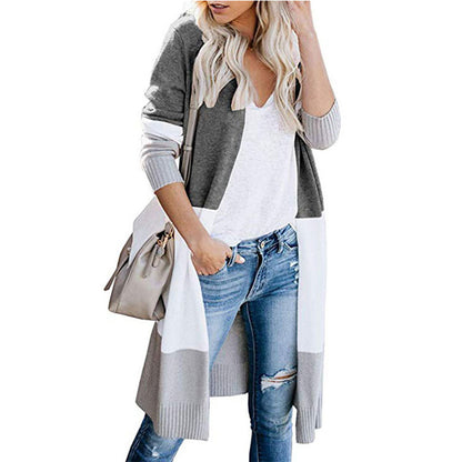 Long Sleeve Tri-Color Knit Sweater Mosaic Stripe Open Front Cardigan Gray