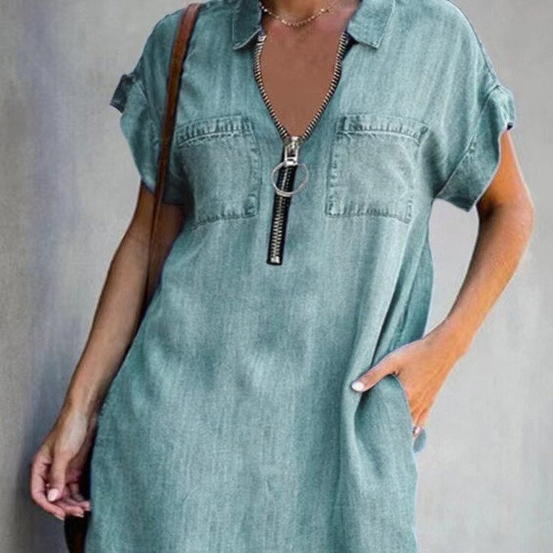 Denim Dress With Zip Closure - Green 12 - dress