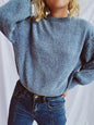 Round Neck Dropped Shoulder Long Sleeve Sweater - Light Blue One Size -