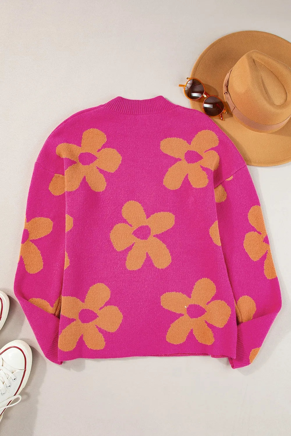 Flower Round Neck Long Sleeve Sweater - -