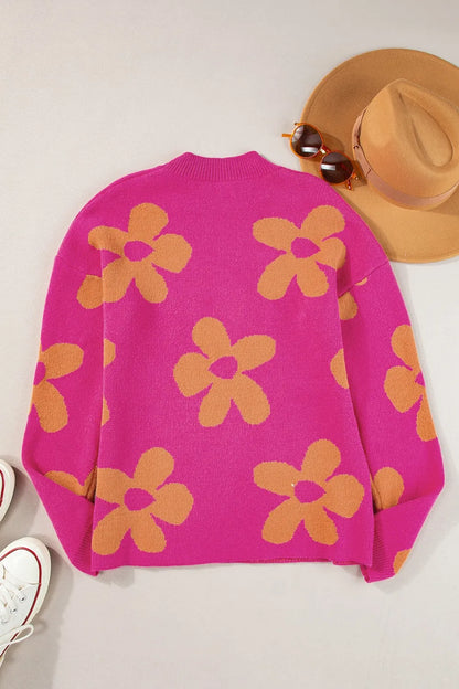 Flower Round Neck Long Sleeve Sweater - -