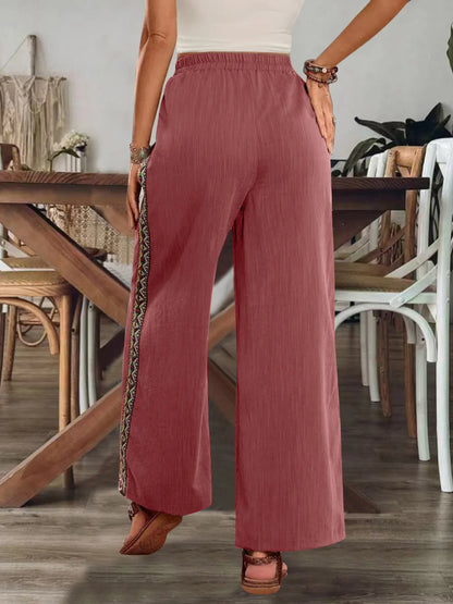 Bohemian Wide Leg Embroidered Side Stripe Pants - -