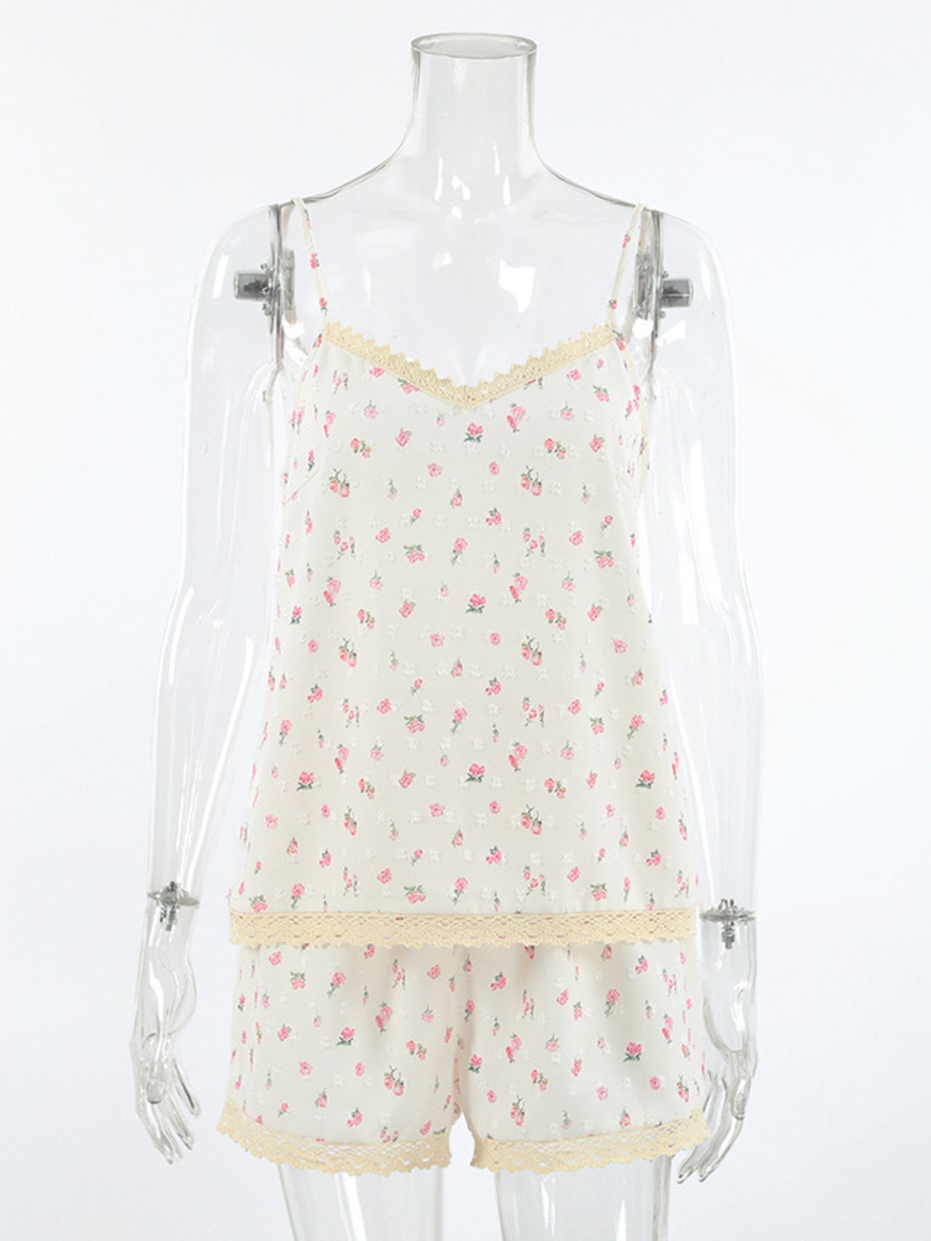 Floral Print Lace Trim Cami and Shorts Set- Shopimist- {{Product type}}