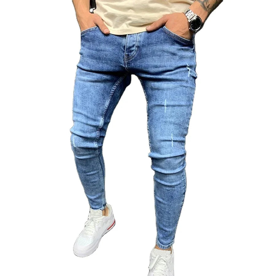 Men Denim Solid Color Outdoor Ripped Jeans Slim Pencil Long Pants