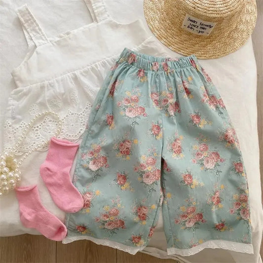 Floral Pants with Cotton Lace Cropped Pants