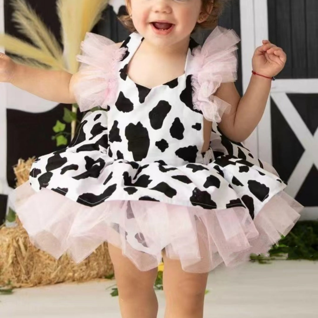 Cute Cow Print Tulle Tutu Gown and Headband Set - - dress