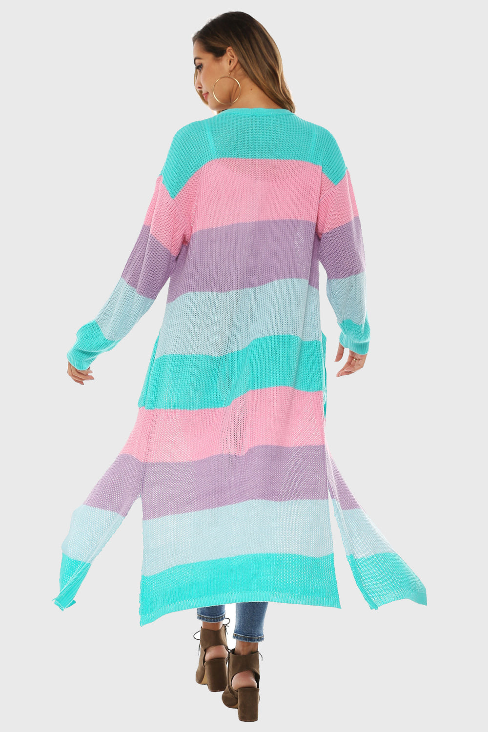 Color Block Long Sleeve Pocketed Cardigan - -