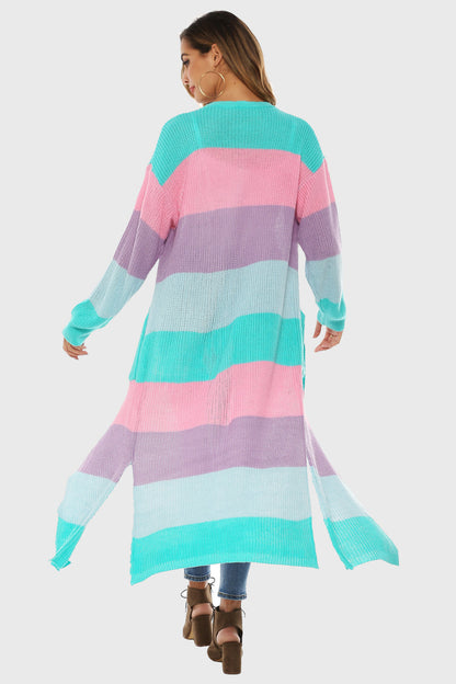 Color Block Long Sleeve Pocketed Cardigan - -