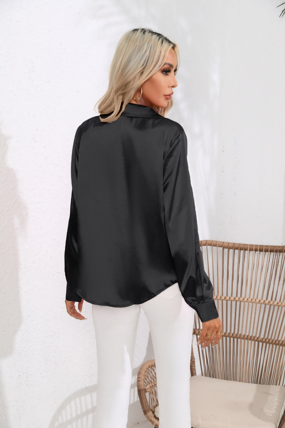 Lapel Collar Button Up Long Sleeve Shirt - -