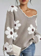 Floral V-Neck Long Sleeve Sweater - Mocha -
