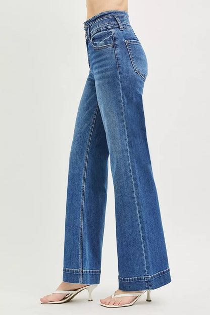 RISEN High Rise Wide Leg Wide Band Detail Jeans - - jeans