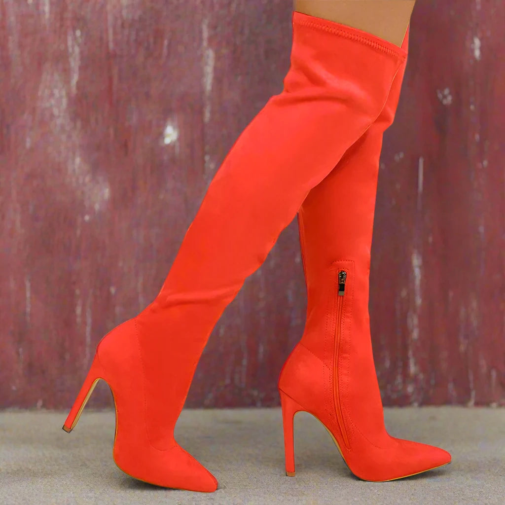 Pointed Toe Thin Block Heel Knee High Long Boot Faux Suede