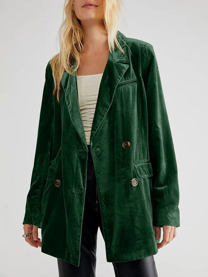 Lapel Collar Long Sleeve Blazer with Pockets - Dark Green -
