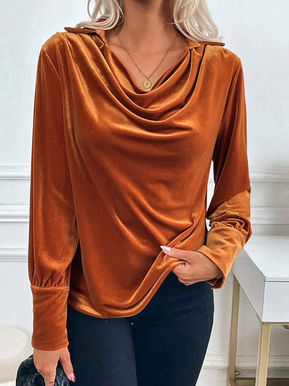 Perfee Ruched Long Sleeve Blouse - Terracotta -