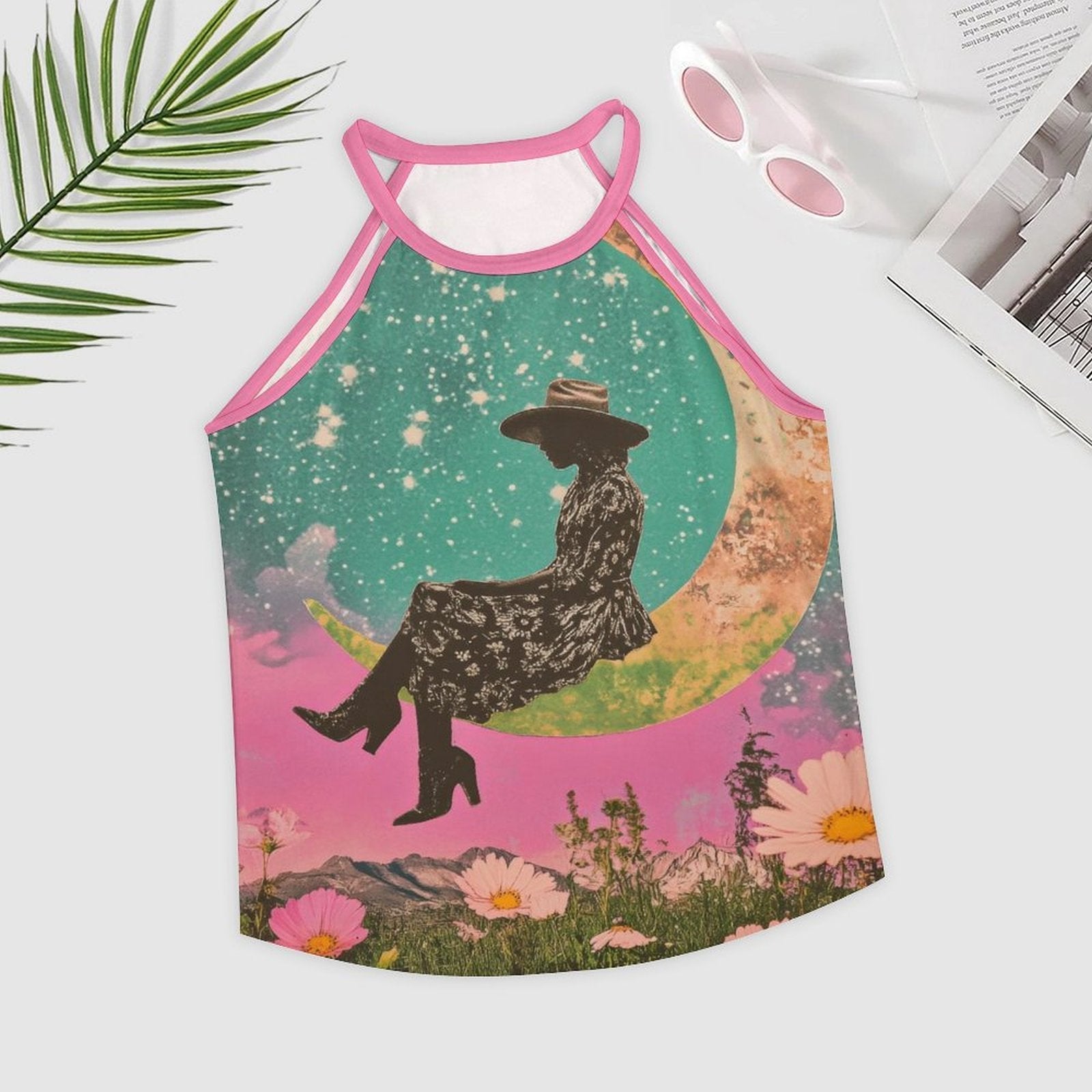 Baha Ranch Cowgirl on the Moon Retro Pop Western Tank Top - - Tanks & Camis