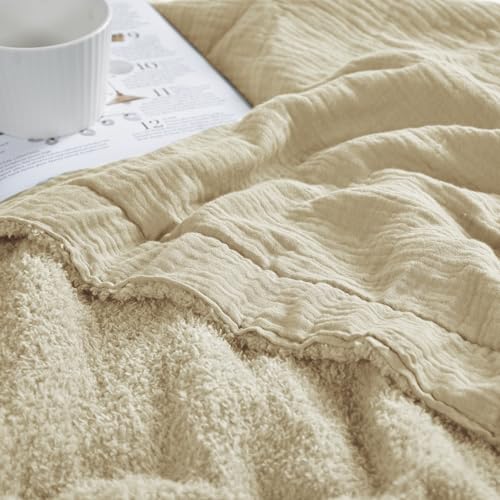 JOOJA Muslin Cotton Reversible Knit Blanket Light Tan - Light Tan Throw XL(50"x70") - blanket