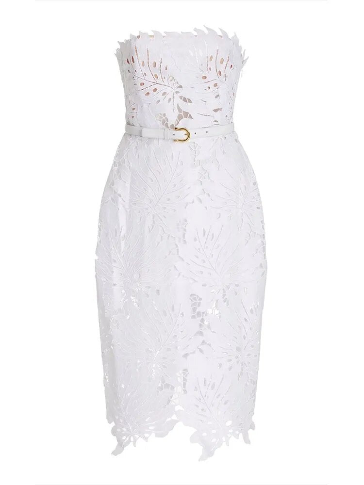 White Midi Dress Flower Cut-Out Elegant Party Dress - - dress