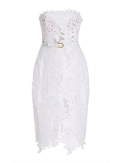 White Midi Dress Flower Cut-Out Elegant Party Dress - - dress