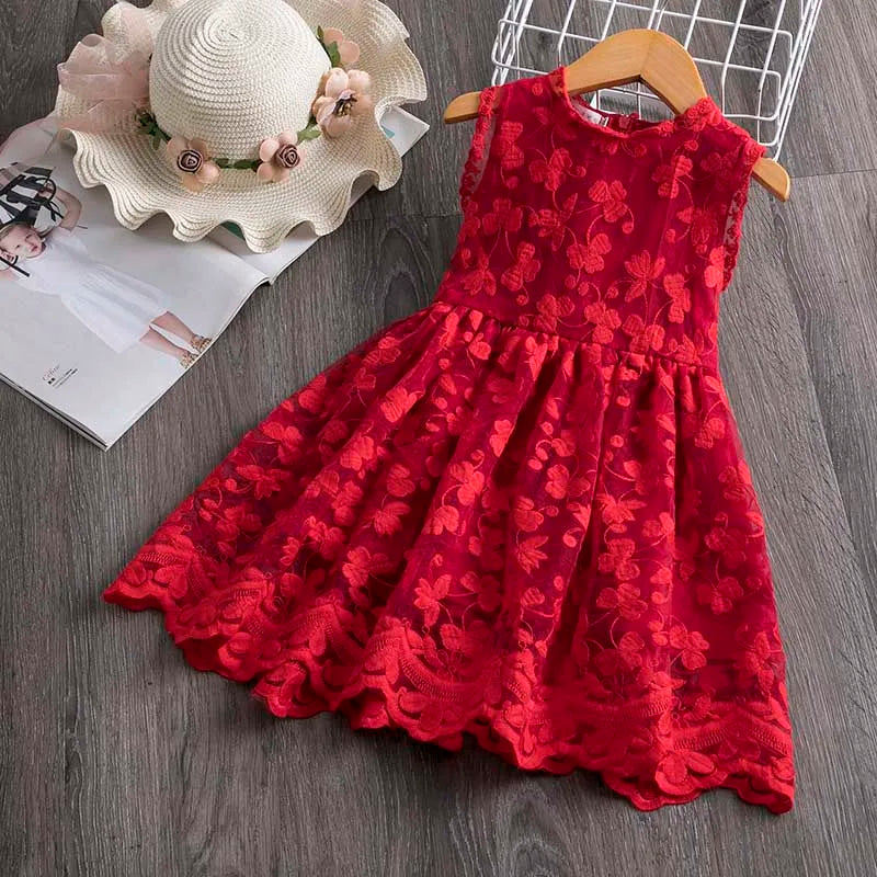 Girls Summer Lace Party Dress red