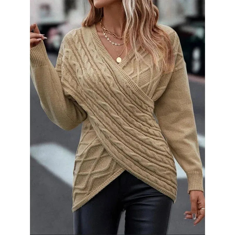 Women's V-Neck Long Sleeve Overlap Braided Sweater Solid Color Knitted Sweater