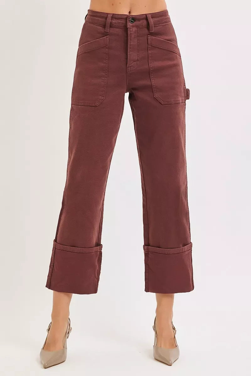 RISEN High Rise Wide Straight Cuffed Patch Jeans - - jeans
