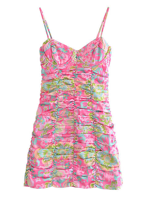 Floral Print Pleated Mini Dress - Pink Floral Large - dress