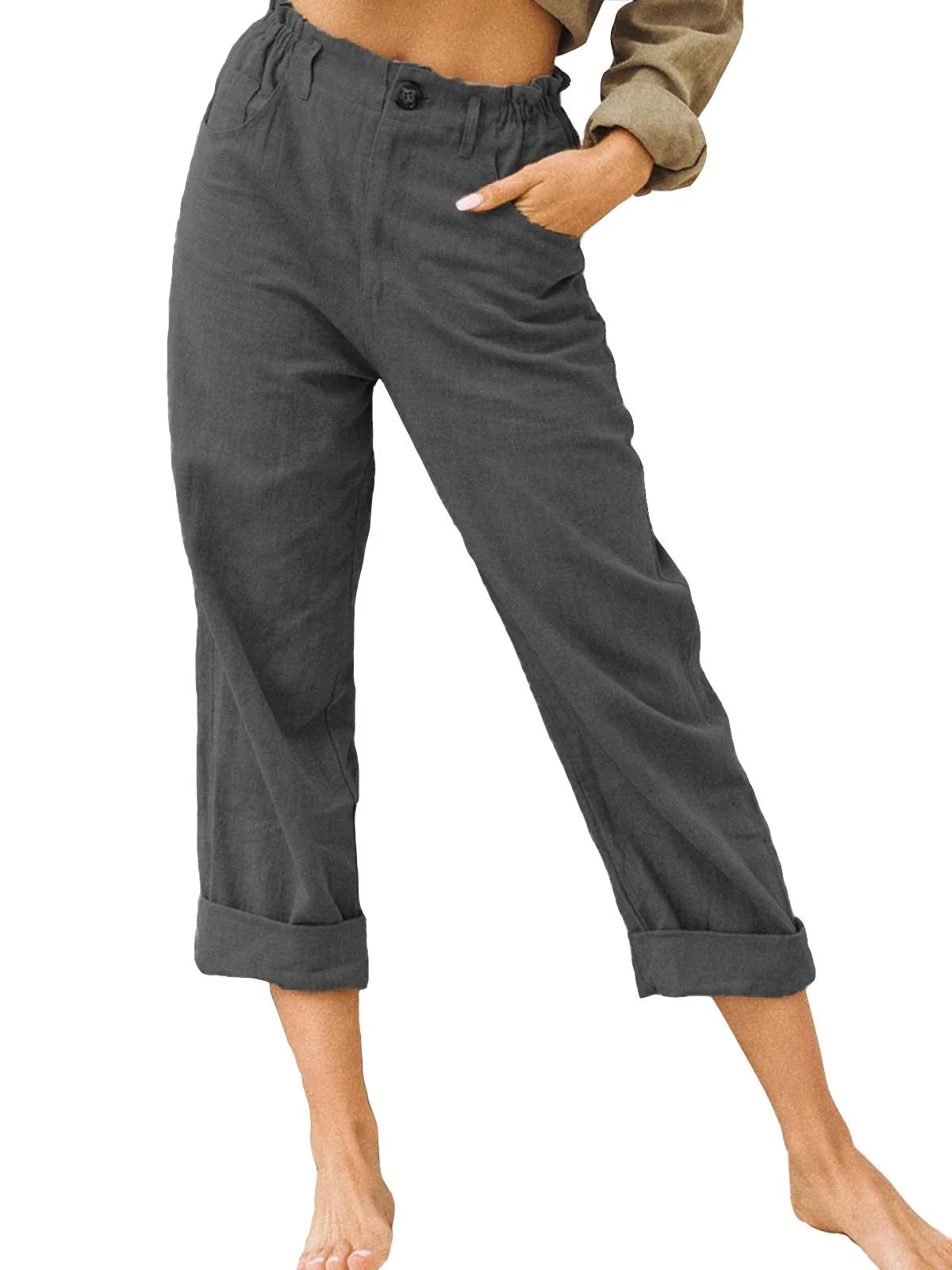 Cotton Linen Women's Long Pants Pockets Button Loose Pants