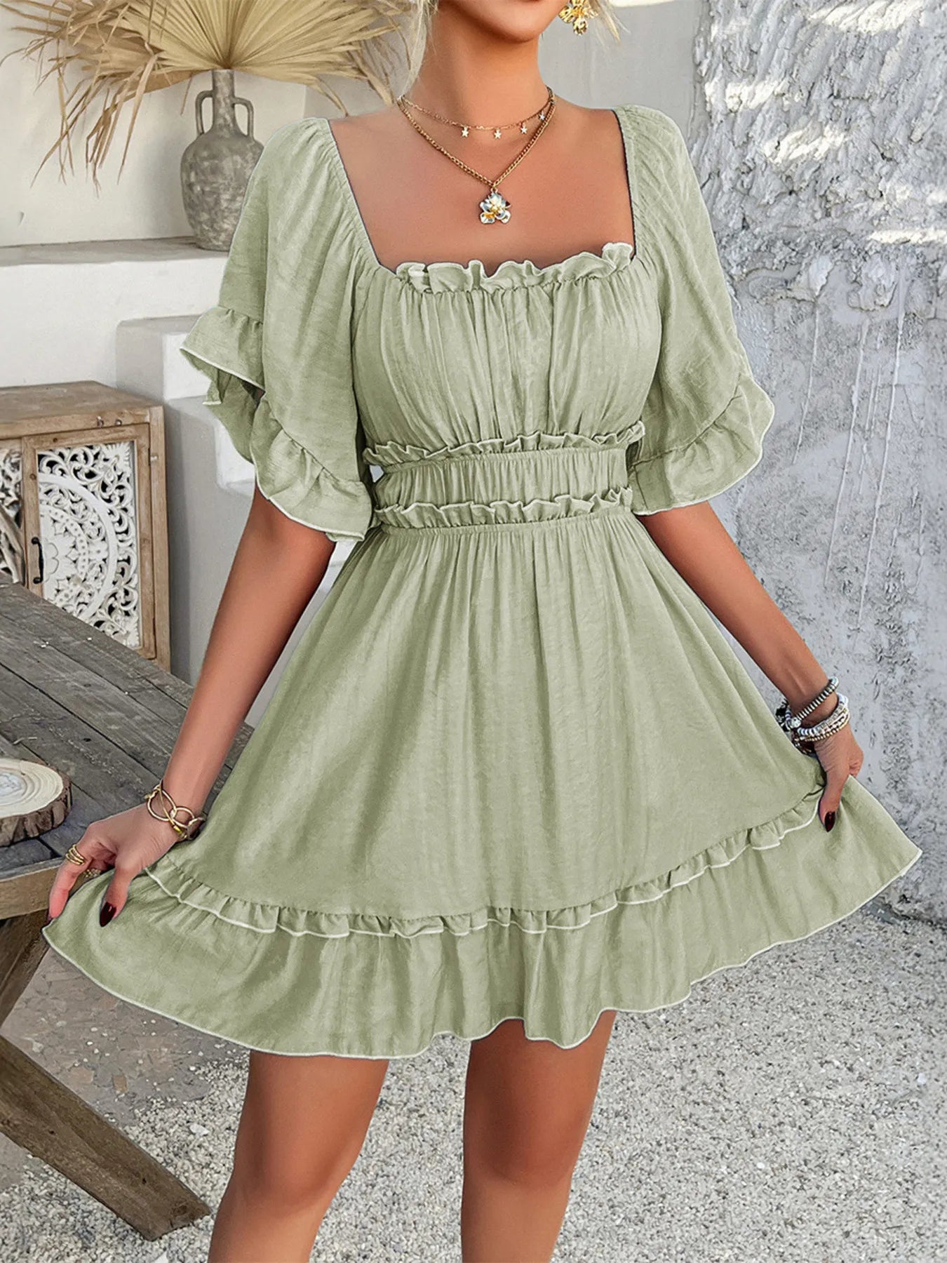 Square Neck Ruffle Trim Mini Dress - Sage -
