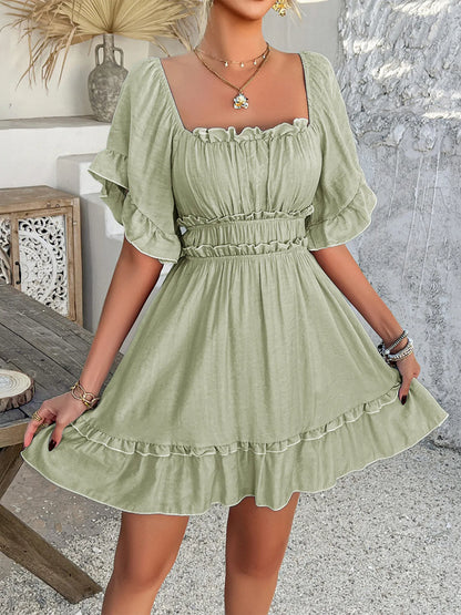 Square Neck Ruffle Trim Mini Dress - Sage -