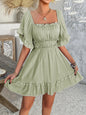 Square Neck Ruffle Trim Mini Dress - Sage -