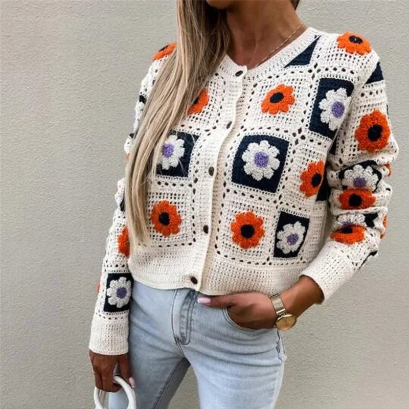 Embroidered Flower Knit Cardigan Retro Lazy Sweet Handwork Embroidered Sweater