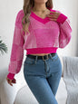 Striped V-Neck Long Sleeve Sweater - Hot Pink -