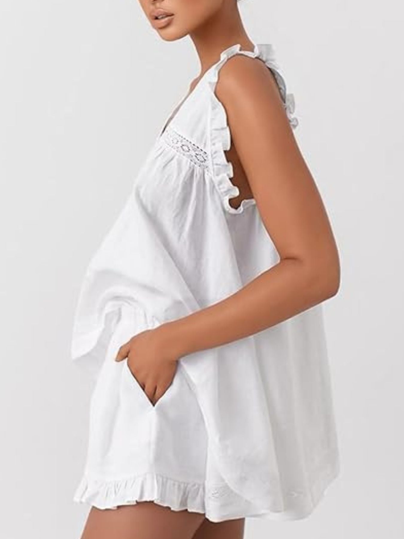 Ruffle Trim V-Neck Top and Shorts Set- Shopimist- {{Product type}}