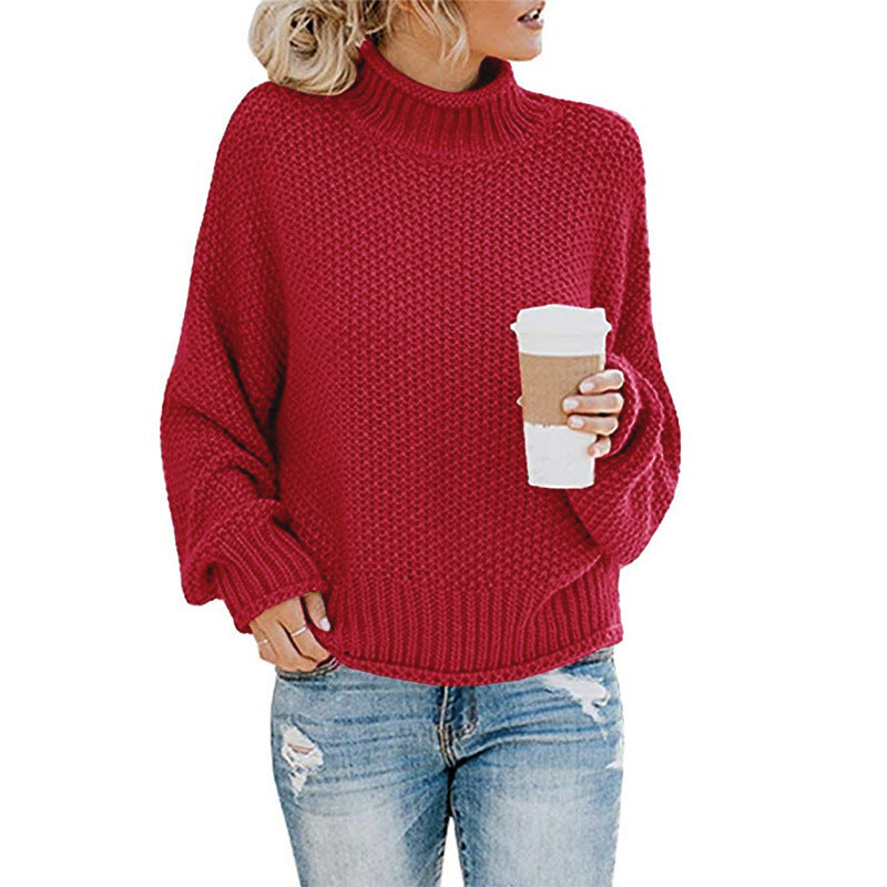 New Knitted Sweater Women's Thick Thread High Neck Pullover Sweater