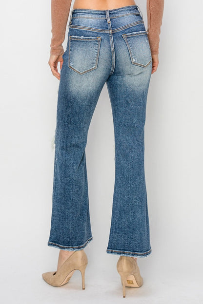 Risen Distressed Ankle Flare Blue Washed Denim Jeans - - jeans