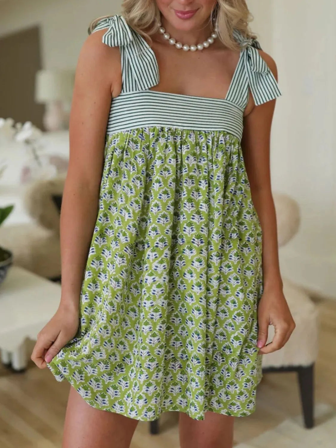 Printed Square Neck Tie Shoulder Mini Dress - -