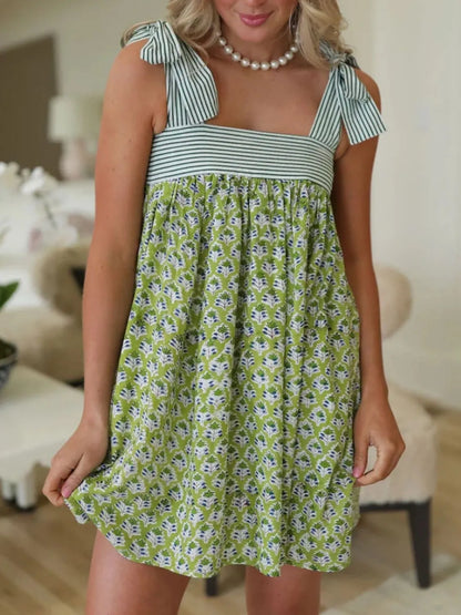 Printed Square Neck Tie Shoulder Mini Dress - -