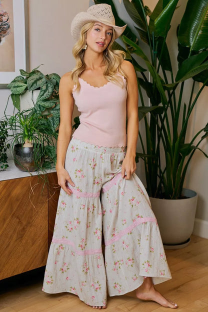 BiBi Rose Printed Gauze Trim Detail Smocked Maxi Pants - -