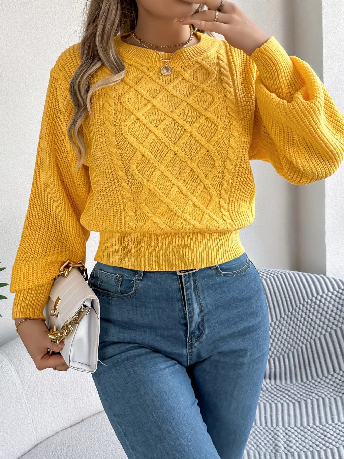 Cable Knit Diamond Pattern Long Sleeve Sweater - -
