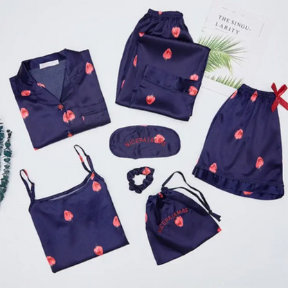 7pc Long Sleeve Pajama Sleepwear Sets navy blue