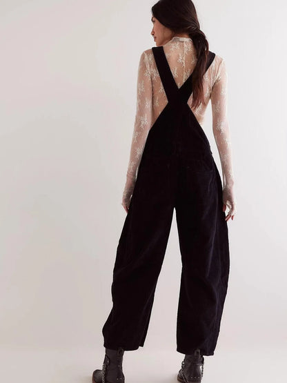 Corduroy Wide-Leg Overall with Adjustable Straps - -