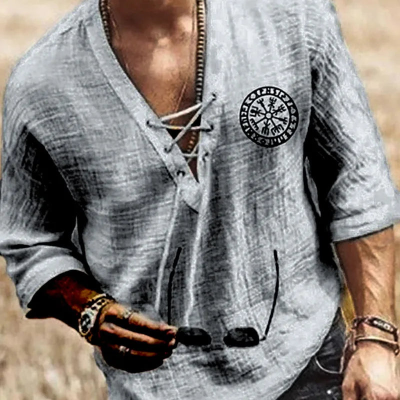 Men's Tee Shirt Solid Tops Pullover v Neck Lace-Up Loose Top Casual Half Sleeve